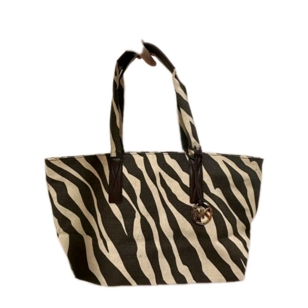 Michael Kors Large East West Animal Print Fabric Beach Tote Beige/ Brown